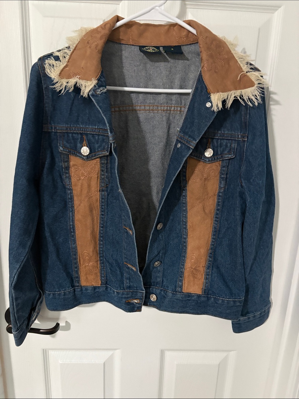 Women's Blue Denim Jacket with Brown Suede Accents